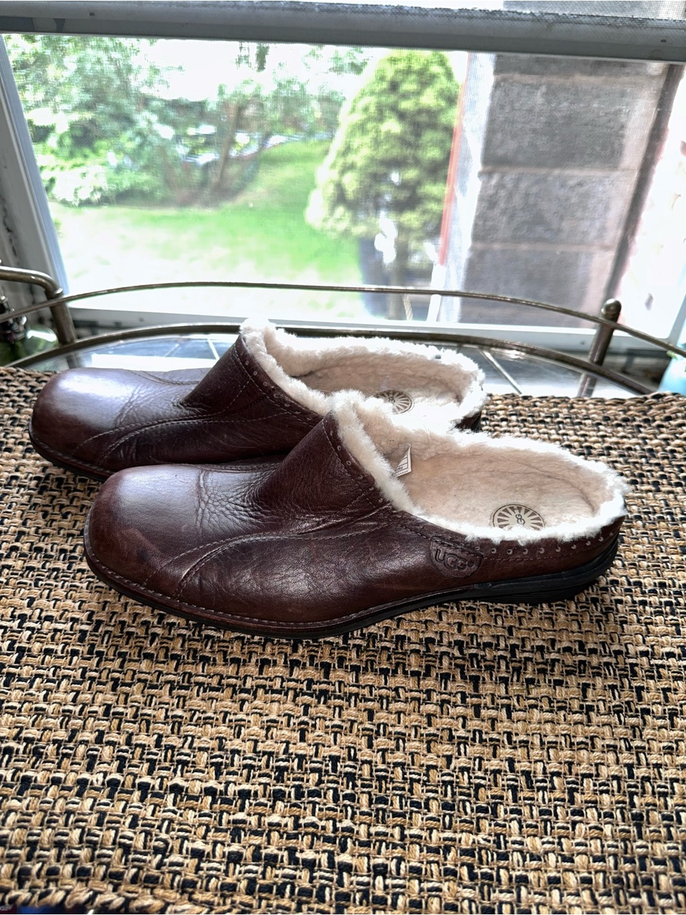 UGG Women's Brown Leather Shearling-Lined Clog Mules